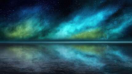 Fototapeta premium Serene Cosmic Watercolor Sky with Backlight and Layered Textures Reflecting on Still Water Surface