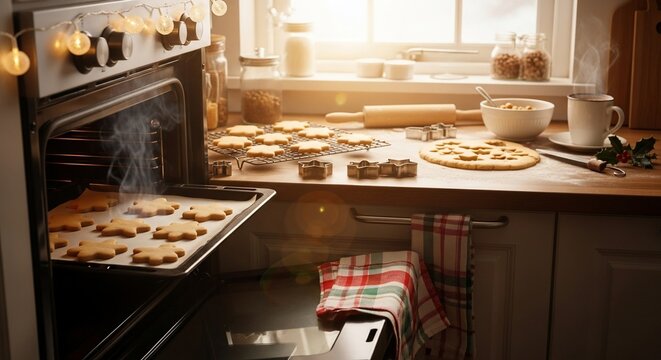 Christmas cookies baking in oven with warm light.