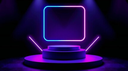 Futuristic neon stage with glowing frame and spotlights in dark room