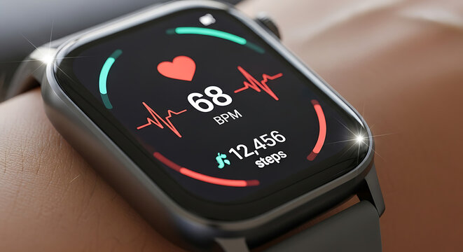 Smartwatch Displaying Heart Rate and Step Count for Fitness Monitoring - Powered by Adobe