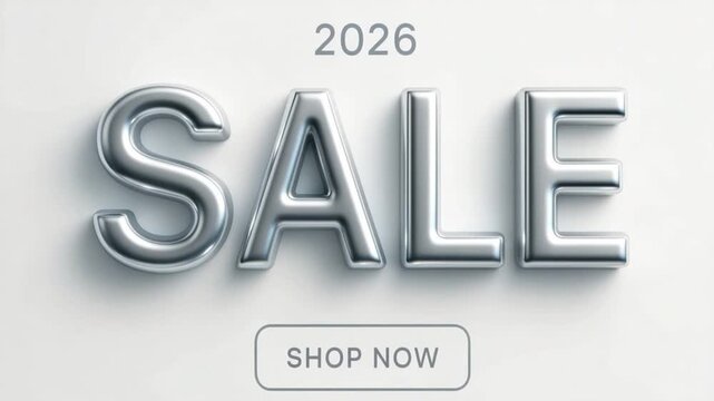 2026 sale promotion featuring metallic silver letters with modern design and shop now button on light background, exclusive discount for shopping and marketing campaigns, shop now for best deals
