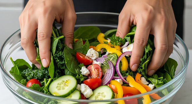 Close-up of a person tossing a fresh and vibrant mixed green vegetable salad with feta cheese in a clear glass bowl, a concept of healthy eating and lifestyle - Powered by Adobe
