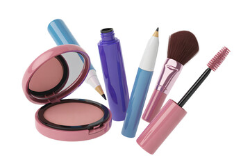 collection of colorful makeup products including brushes lipsticks and compact powder