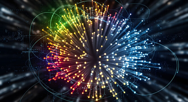 A vibrant sphere of light bursts forth, showcasing a spectrum of colors from warm reds and oranges to cool blues and greens, set against an abstract backdrop of technological circuits creating a