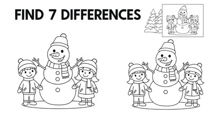 Find 7 differences puzzle with snowman and kids coloring page for children
