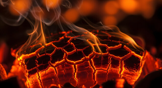 A close-up captures the intense heat of burning wood, the glowing embers illuminating the intricate cracks within the charred surface, accompanied by wisps of ethereal smoke dancing upwards, evoking - Powered by Adobe