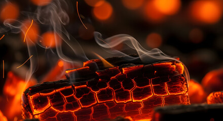 Glowing embers of burning wood and wisps of smoke create a warm and intense atmosphere, with an artistic visual effect adding depth to the textures and highlighting the heat from the fire.