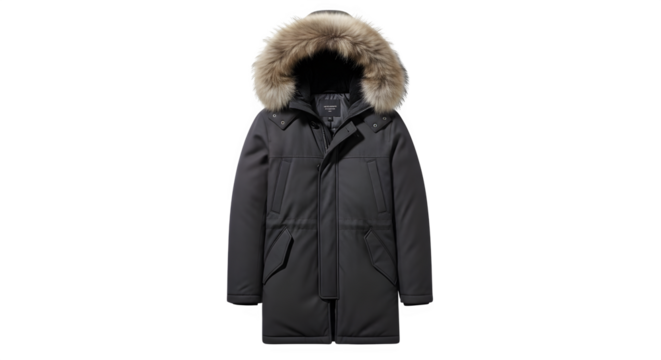A stylish dark gray winter parka with a fur lined hood and practical pockets for cold weather fashion
