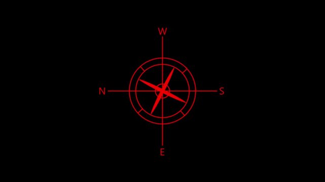 Red compass rose with cardinal directions NSEW on a black background navigation north