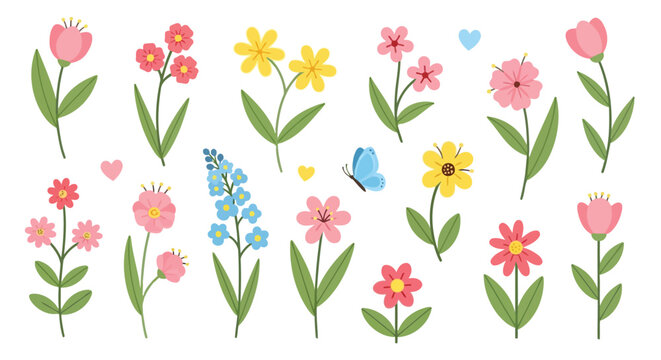 Colorful flat illustration of flowers, butterflies, and greenery with handdrawn style