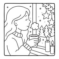 Cozy Girl Christmas Coloring Pages,  Cozy Girl Christmas  Coloring Pages for Kids & Adults, Christmas Coloring Pages, bold & easy cozy winter coloring book pages, vector art, line art 