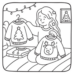 Cozy Girl Christmas Coloring Pages,  Cozy Girl Christmas  Coloring Pages for Kids & Adults, Christmas Coloring Pages, bold & easy cozy winter coloring book pages, vector art, line art 