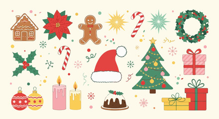 Colorful christmas and holiday icons set with santa, tree, candy, and gift boxes