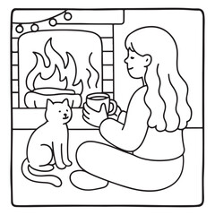 Cozy Girl Christmas Coloring Pages,  Cozy Girl Christmas  Coloring Pages for Kids & Adults, Christmas Coloring Pages, bold & easy cozy winter coloring book pages, vector art, line art 