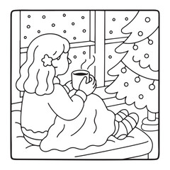 Cozy Girl Christmas Coloring Pages,  Cozy Girl Christmas  Coloring Pages for Kids & Adults, Christmas Coloring Pages, bold & easy cozy winter coloring book pages, vector art, line art 