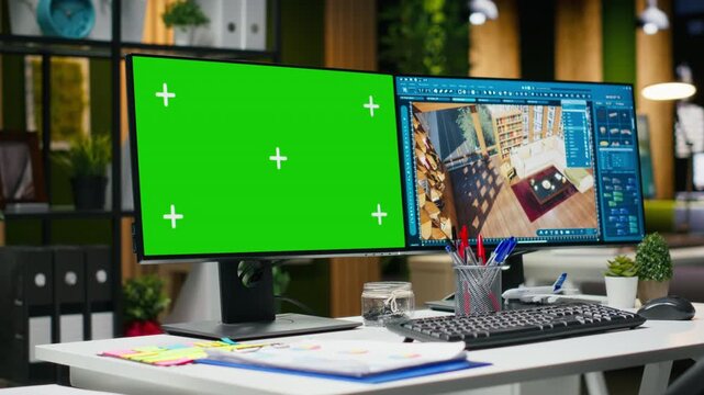 Green screen and architectural software on dual monitors at the workstation, efficient decoration and layout planning for new apartment building. 3D rendering and CAD interface.