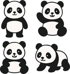 Fototapeta premium Playful Panda Poses: A charming illustration features four adorable panda bears in various playful poses, showcasing their distinctive black and white fur and endearing expressions. 