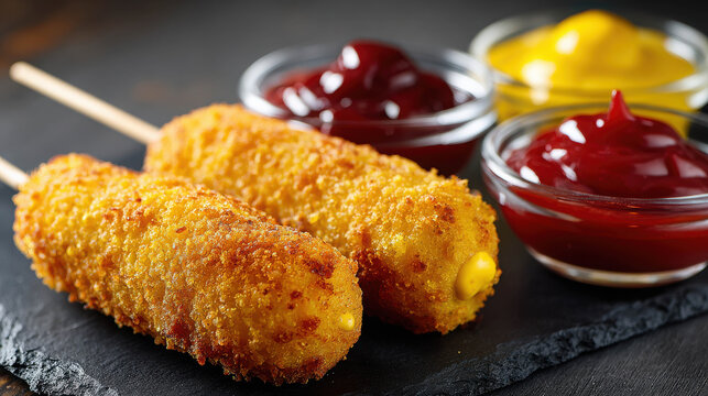 Classic American Corn Dog with Golden Fried Batter Served with Ketchup and Mustard Dips on a Dark Slate Background