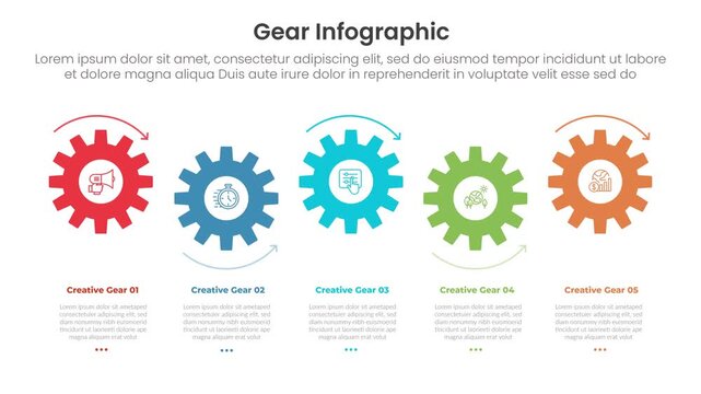 Gear shape infographic 5 point stage template with small gear and arrow up and down flickering movement video animation or animated