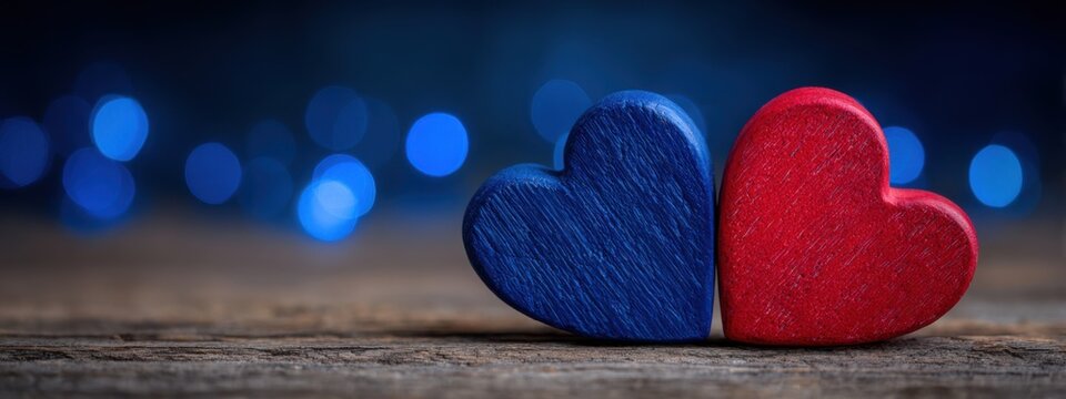 Heart love valentine romantic blue red couple wood bokeh background. Blue and red hearts together on wooden surface.