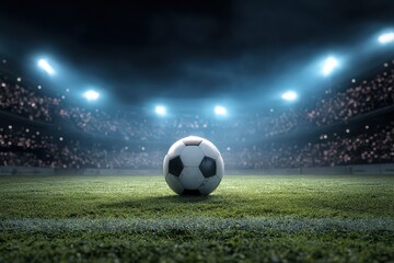 Soccer Ball Center Stage on Green Field at Illuminated Stadium with Spectators under Floodlights