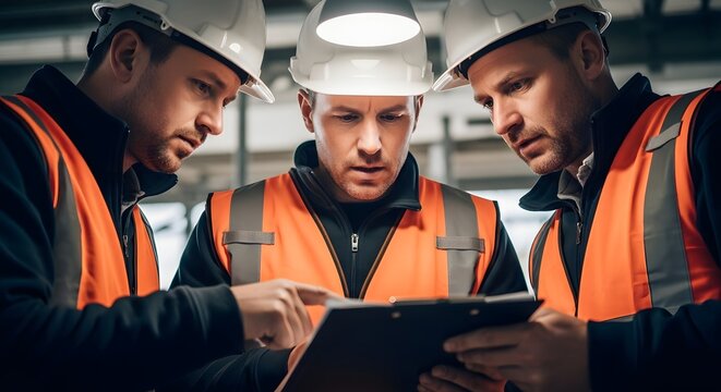 Construction workers in hard hats and safety vests collaborating on a blueprint.