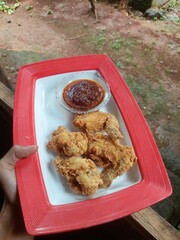 Crispy fried chicken pieces are served on a red plate with a small bowl of spicy chili sauce. The dish looks warm and appetizing, perfect for home-cooked meals or fast food.