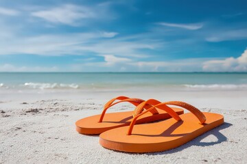 Orange Flip Flops on White Sand Beach with Turquoise Ocean and Blue Sky Holiday Scene