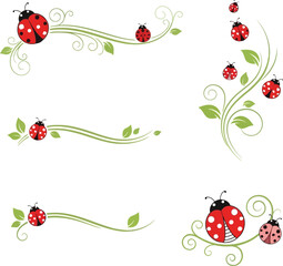 Cute ladybug and green leaf swirls vector set for spring summer decorations © Elizabeth