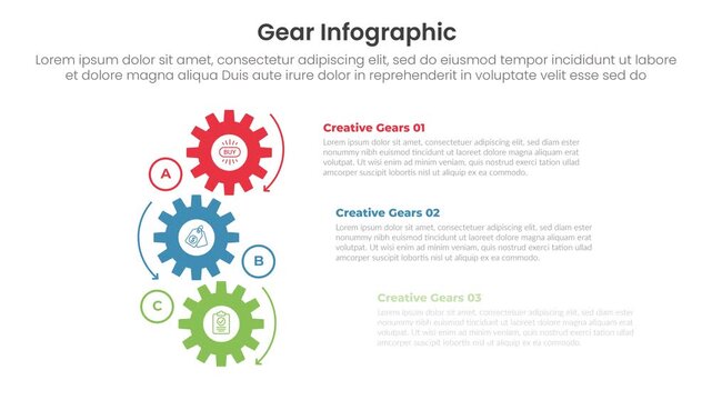 Gear shape infographic 3 point stage template with vertical stacked list slide from left and right video animation or animated