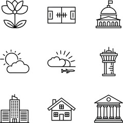 Obraz premium Diverse outline vector icons set: travel, buildings, weather, sport & nature symbols