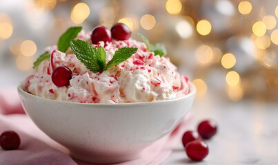 A festive dessert bowl filled with creamy peppermint cranberry fluff, topped with crushed candy canes, fresh cranberries, and mint leaves soft pink and white color tones