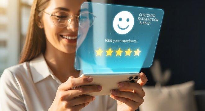 Customer Satisfaction Survey Hologram Displayed on Smartphone.