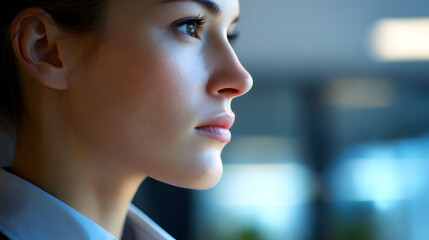 Elegant Contemplation: Captivating close-up of a sophisticated young woman, her profile illuminated by a soft, diffused light, exuding an air of deep thought and introspection.