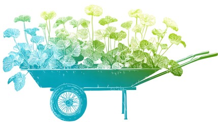 Stylized depiction of leafy plants growing within a single-wheeled utility cart shows a color gradient