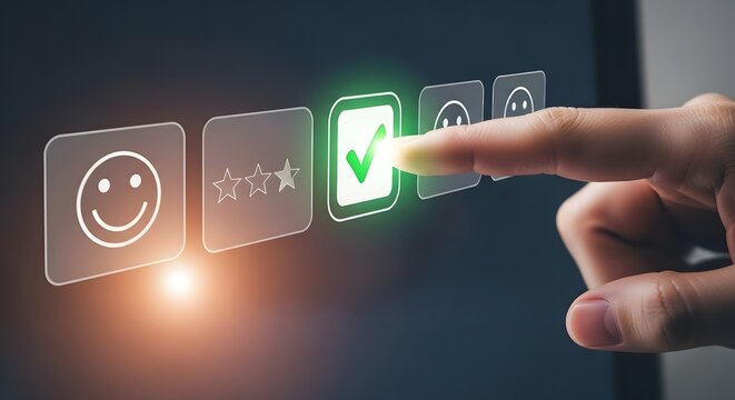 Customer Satisfaction Survey Selection with Finger Pressing Checkmark Icon.