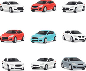 Modern hatchback cars vector collection. colorful compact vehicle flat design illustration set