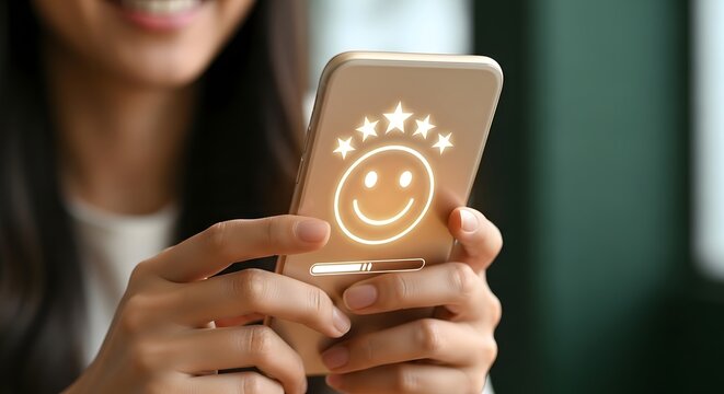 Customer satisfaction survey with happy face and stars on smartphone screen.