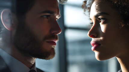 Intense Gaze: A captivating close-up of a man and woman locked in a moment of intense eye contact, their expressions revealing a depth of emotion, set against a blurred background.