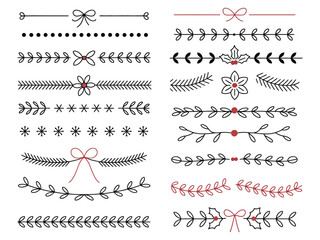 Winter ornamental dividers set with snowflakes, floral borders, Christmas-themed separators, hand-drawn decorative lines ideal for holiday cards, festive invitations
