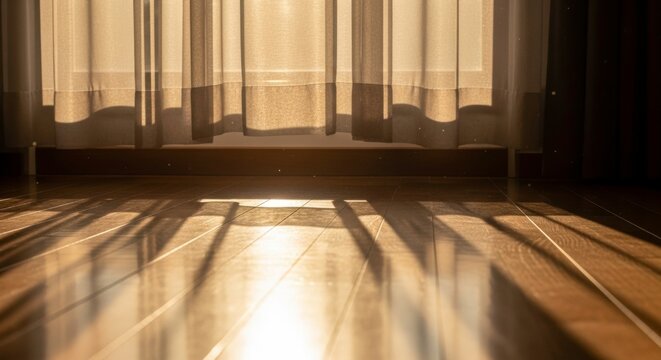 Sunlight streaming through sheer curtains casting long shadows on a wooden floor - Powered by Adobe