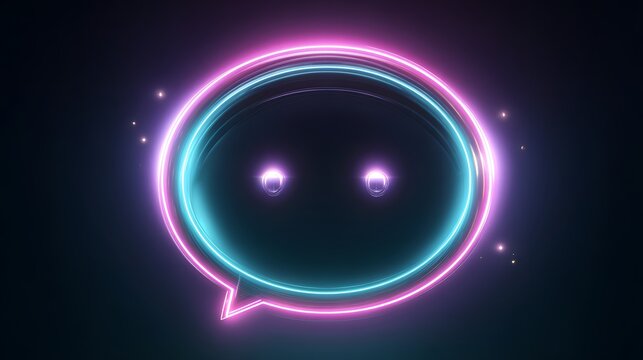 Glowing neon speech bubble icon features glowing eyes in a dark digital space