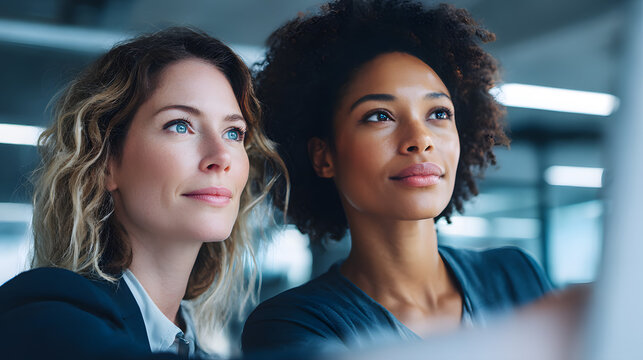 Collaborative Vision: Two professional women engaged in a shared gaze, immersed in a moment of teamwork, showcasing a blend of collaboration and professional aspiration.