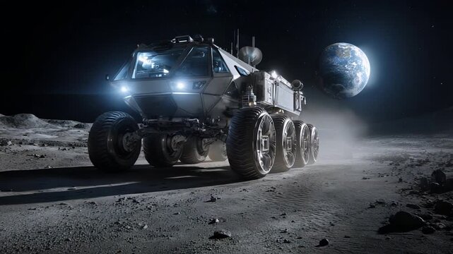 Lunar exploration craft moves across rugged moon surface illuminated