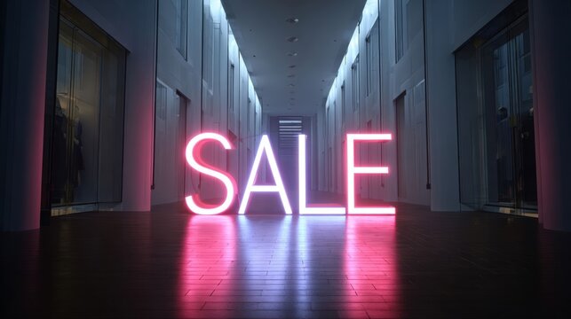 Large glowing neon sign spelling SALE in a modern, minimalistic shopping mall corridor. Retail promotional event for shoppers. Discount season concept.