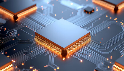 Modern processor chips with orange lighting on a dark motherboard, representing tech innovation and computing systems.