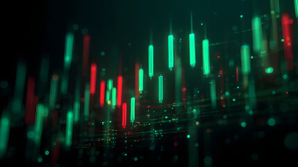 Dynamic Market Analysis: A dynamic representation of market activity, with vibrant green and red candlestick patterns surging across a dark backdrop.