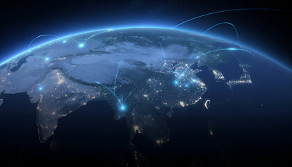 Night view of Earth with bright network links showing global connectivity, data exchange, and digital systems.