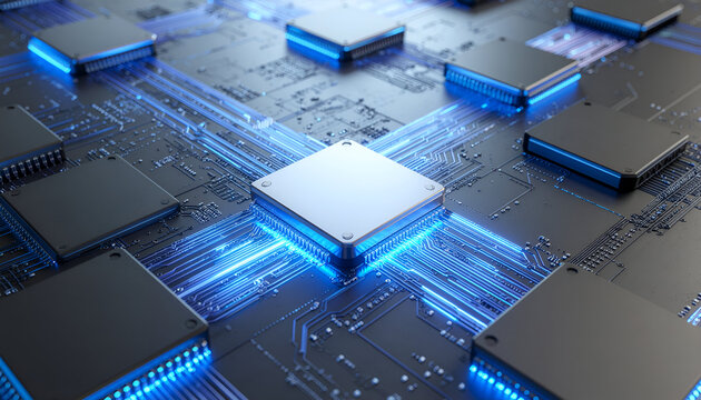 Futuristic microchips on a dark circuit board with glowing edges, symbolizing advanced electronics and computing power.