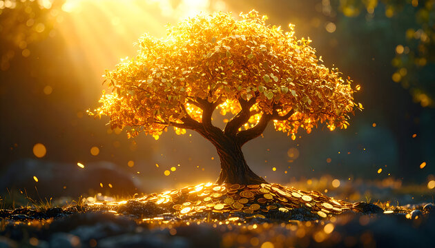 Golden money tree glowing in warm sunlight, symbolizing wealth, prosperity, and financial growth.